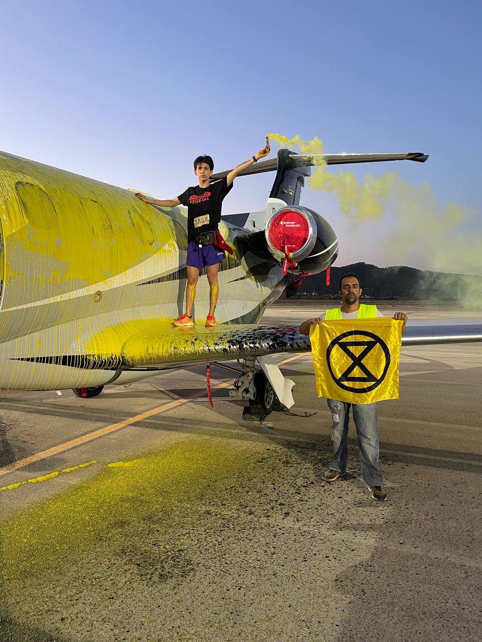 Tres activistas de la organización ecologista Futuro Vegetal accedieron  este viernes a la pista del aeropuerto de Ibiza, rociaron pintura con extintores sobre un jet privado y se han pegado al avión, para reclamar al Gobierno que las subvenciones que se dan a la ganadería pasen a 