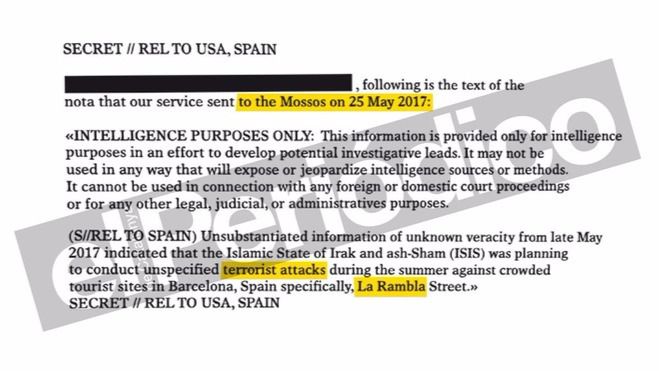 La CIA alertó a los Mossos el 25 de mayo del riesgo de atentado
