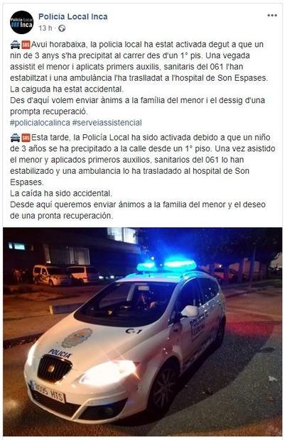 Herido grave un niño de tres año tras precipitarse accidentalmente desde un primer piso en Inca