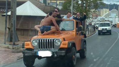 Borrachos, circulando subidos al capó y sin mascarilla